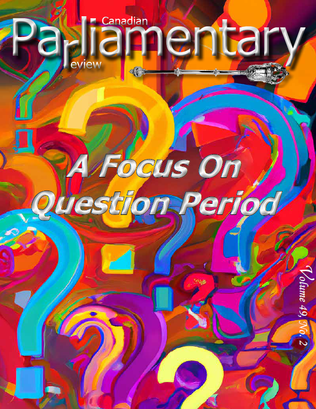 Cover of the Canadian Parliamentary Review, volume 49, number 2 (Summer 2026). The issue title "A focus on Question Period" is centered on a background filled with question marks.